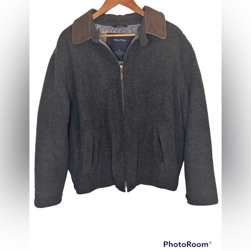 NAUTICA  Wool with Leather Collar Bomber Jacket  Coat Size Large